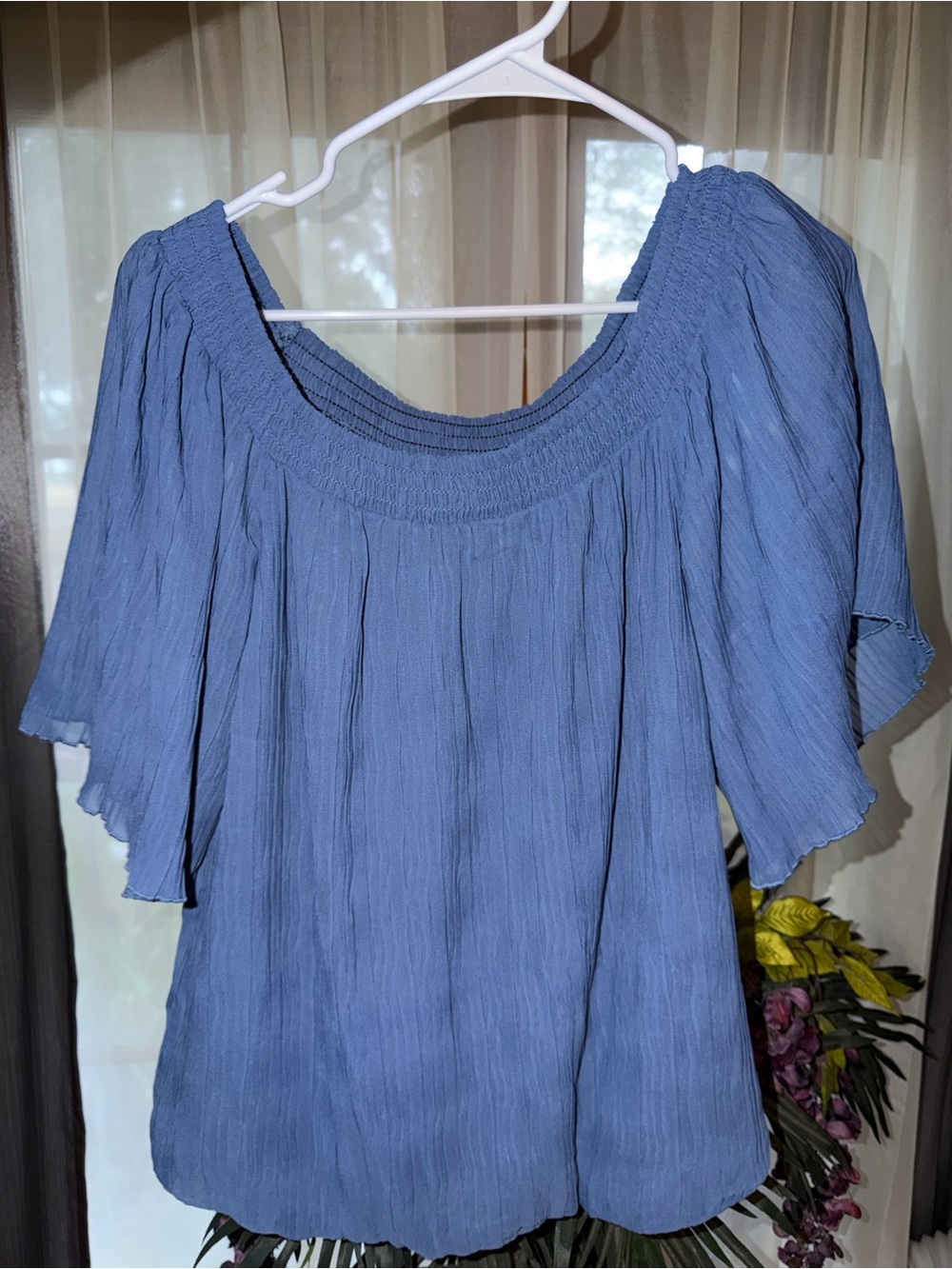 52Seven Smocked Off-Shoulder Slate Blue Flutter Sleeve Blouse